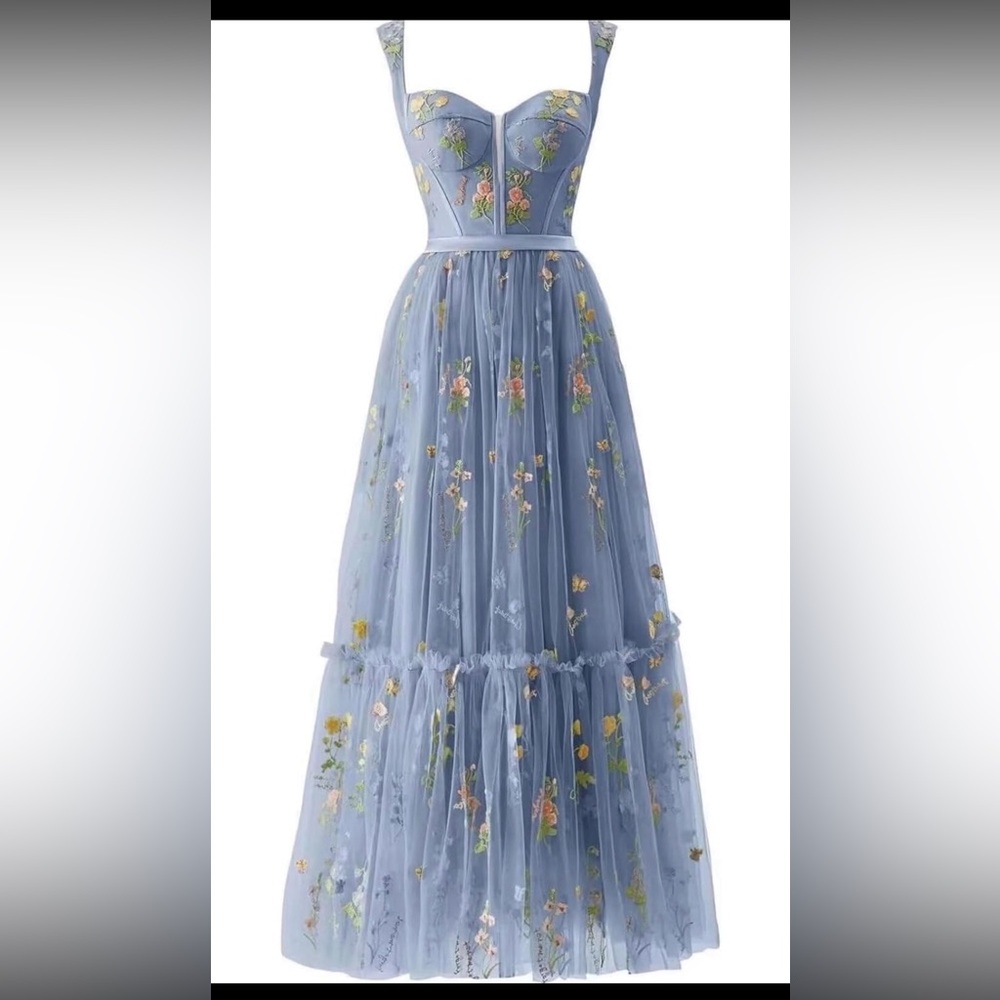 Floral Embroidered Blue Maxi Dress
